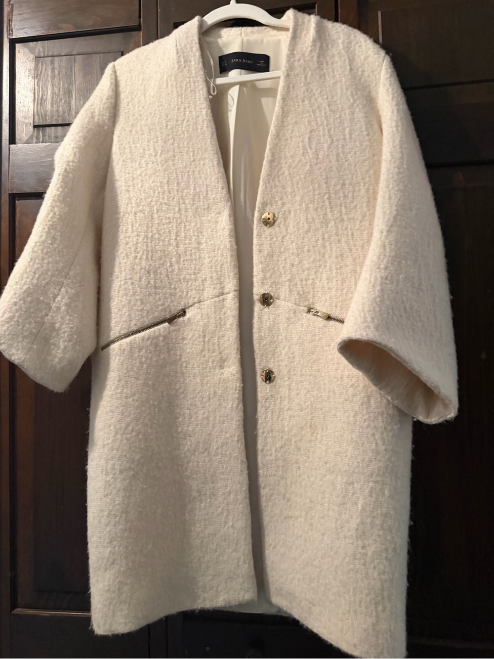 Zara Cream Bouclé Open-Front Coat with Gold Buttons